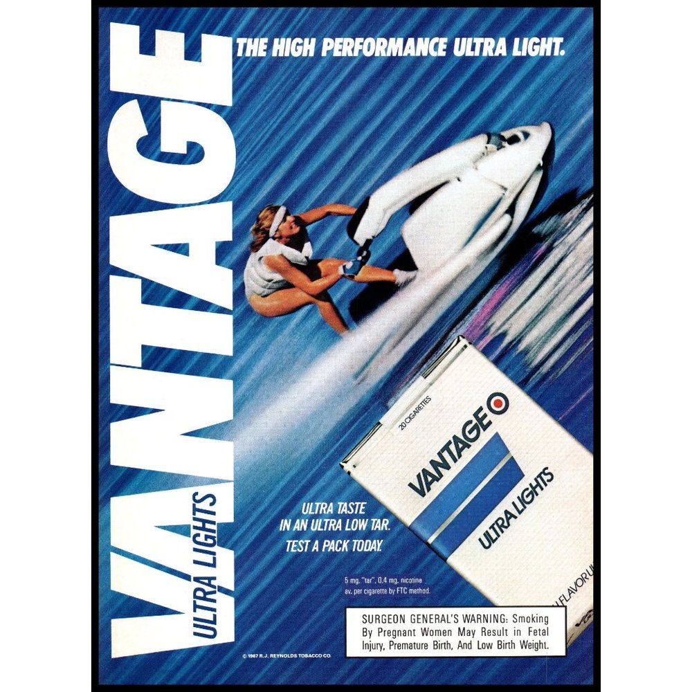 1987 Vantage Cigarettes Vintage Print Ad Jet Ski Racing Ocean Woman Wall Art